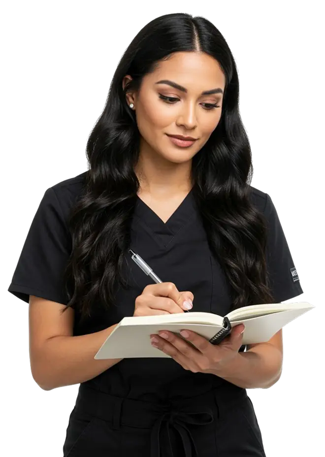 Топ-эксперт в бьюти-сфере в черной форме записывает клиентов в ежедневник, символизируя полный контроль над графиком и доходом