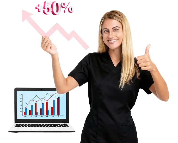 خبيرة جمال ناجحة تُظهر نموًا في الدخل بنسبة 50% ومخطط الأرباح على الكمبيوتر المحمول