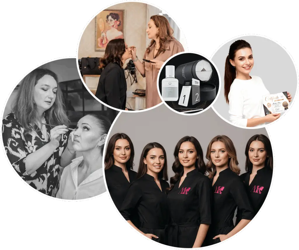 Коллаж из фотографий: команда мастеров, визажист за работой, бровист в процессе оформления бровей, студентка с сертификатом MK Beauty Academy и профессиональный набор для ламинирования Dlux Professional
