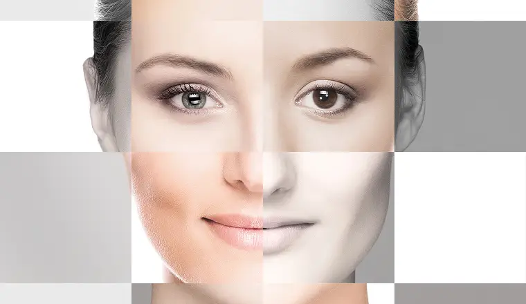 Женское лицо в коллаже, демонстрирующее разные световые схемы, как примеры для обучения созданию продающего бьюти-портфолио