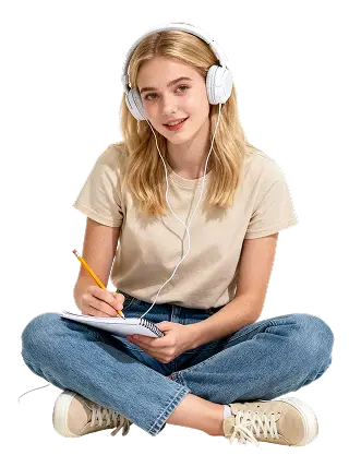 Студентка в наушниках проходит дистанционное обучение с блокнотом в удобной обстановке