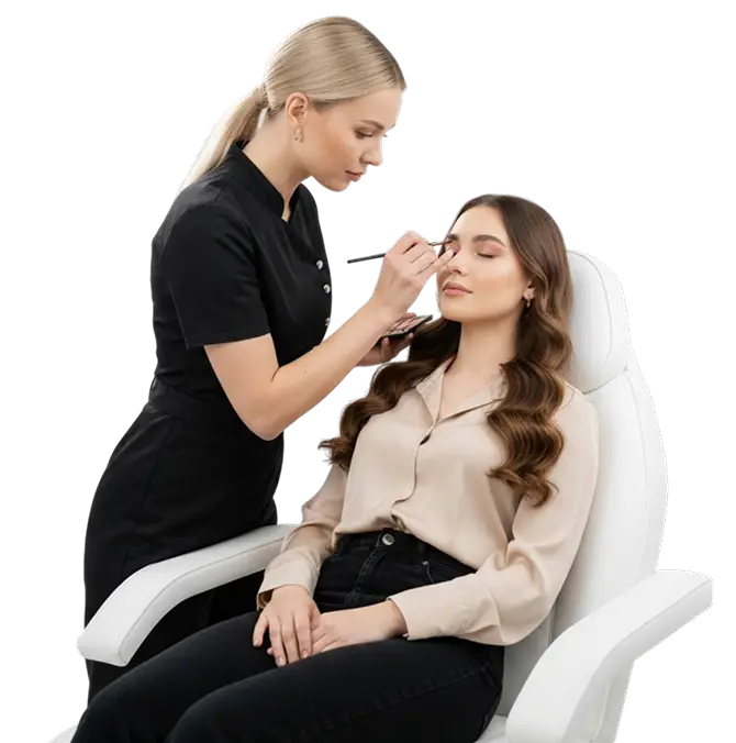 Бьюти-мастер PRO-уровня в черной форме уверенно и с безупречным качеством проводит процедуру клиенту