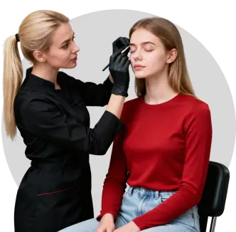 Бьюти-мастер проводит процедуру коррекции бровей для клиента