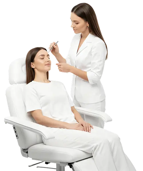 Бьюти-мастер в белой форме уверенно проводит процедуру клиенту на косметологическом кресле, символизируя профессиональные навыки выпускников MK Beauty Academy