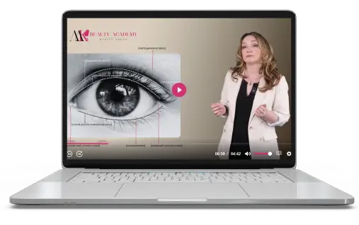Ноутбук с видеоуроком MK Beauty Academy в HD-качестве, демонстрирующий детальную схему строения глаза и ресниц для изучения анатомии